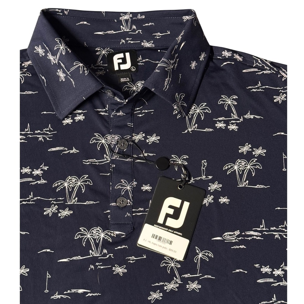 FootJoy Tropic Isle Golf Polo Shirt Navy Blue Palm Tree Print Mens Lrg NWT Logo - Picture 3 of 15